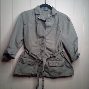 French Cuff Shirt Jacket L Button Up Belt 3/4 Sleeve Green